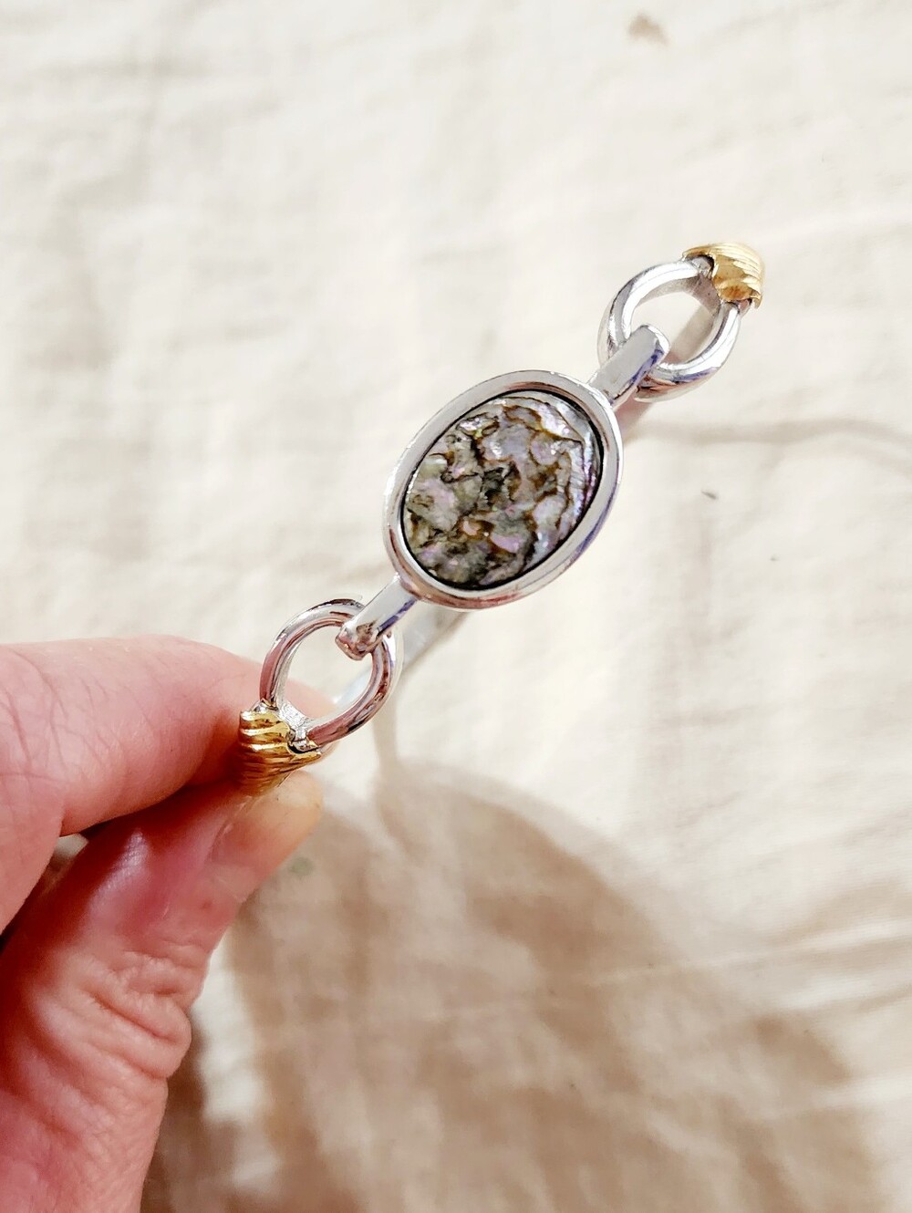 Silver and Gold Two-Tone Abalone Bangle Bracelet - Iridescent Center